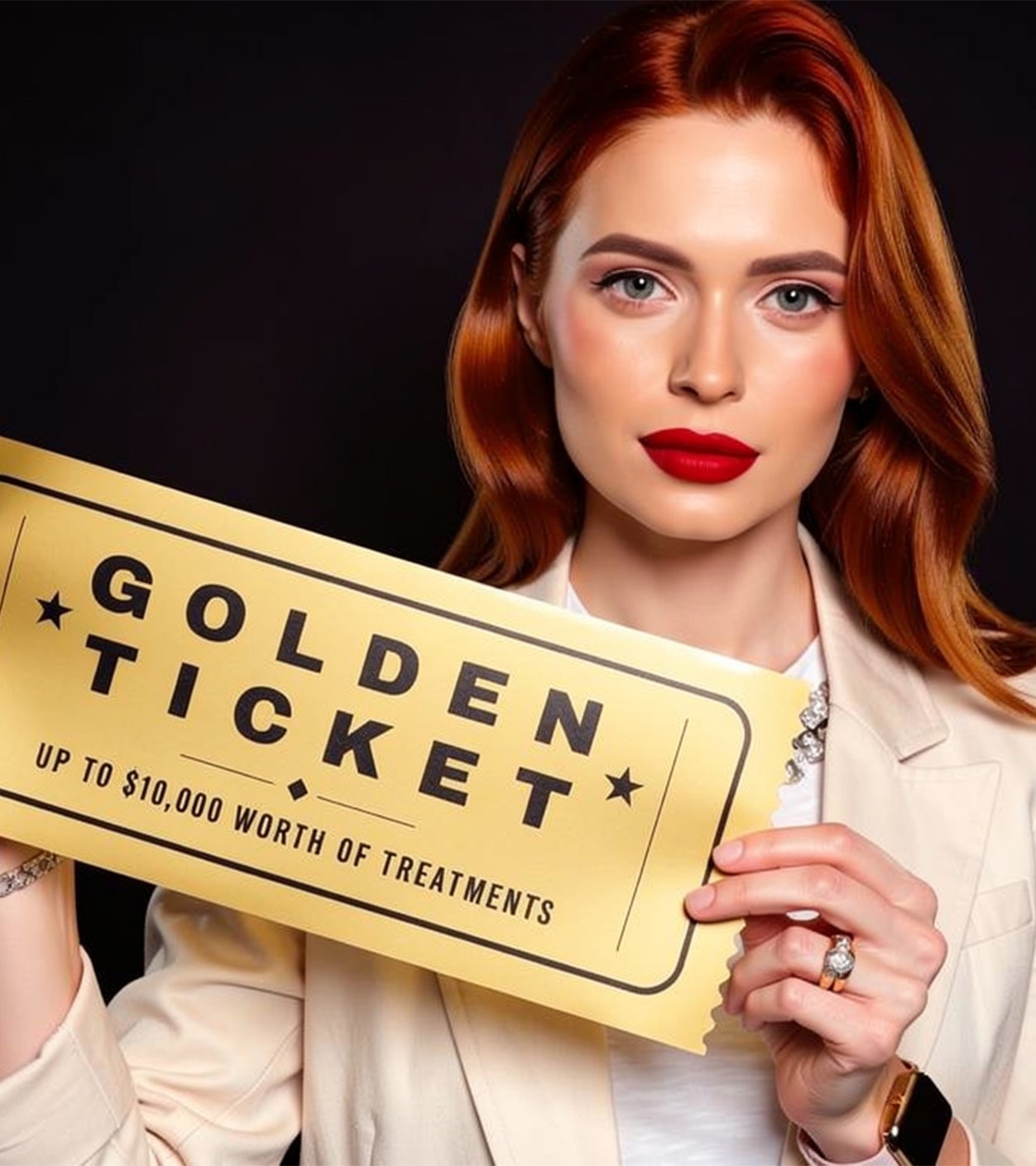 a red haired woman against a black background holding a Golden Ticket